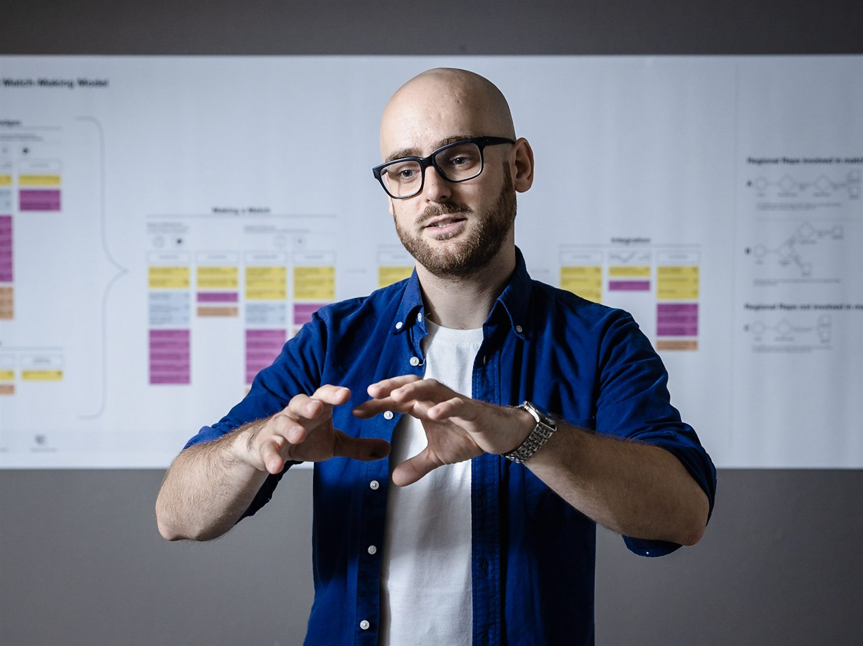 Sebastian talking through a large service blueprint pinned to the wall, gesturing as he explains it