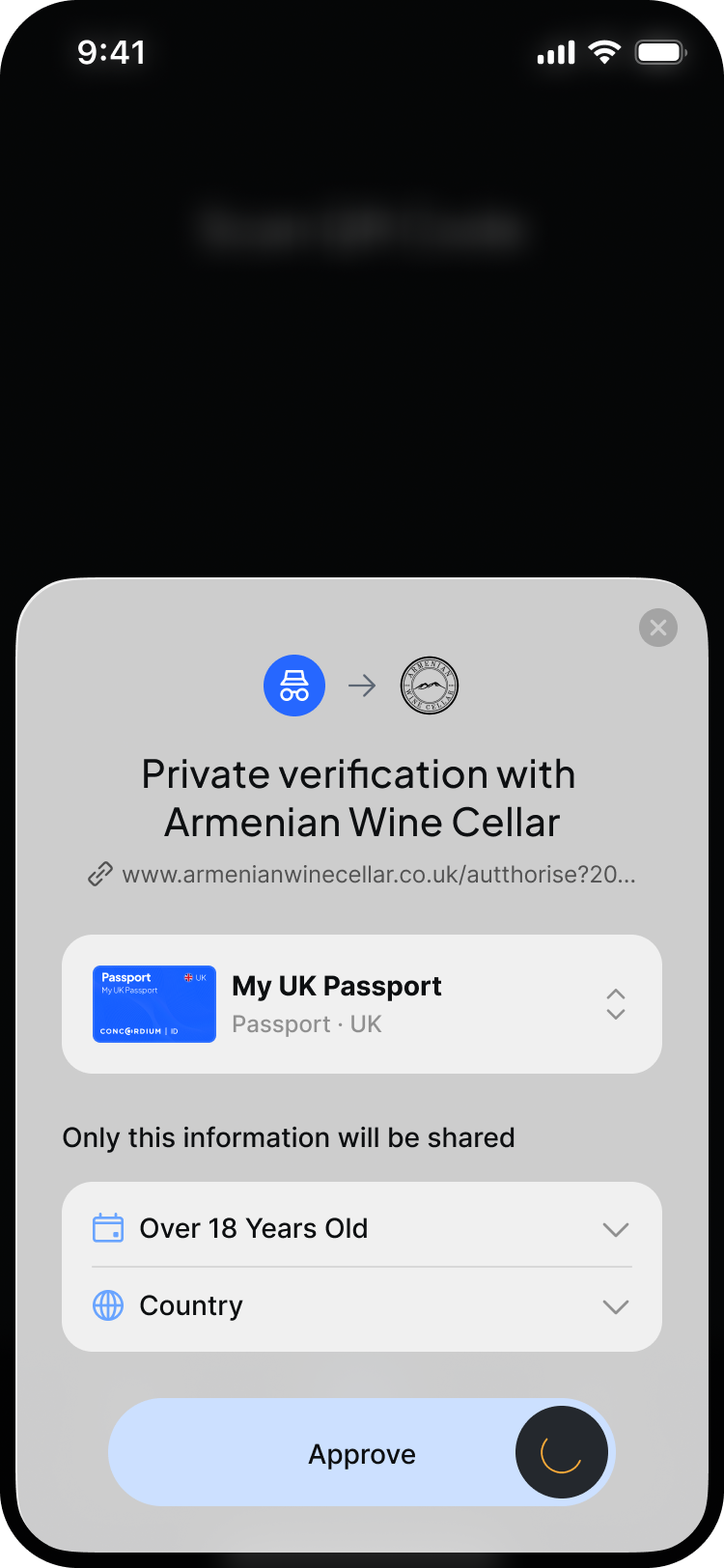 The approval screen: a request from a wine shop showing 'Only this information will be shared - Over 18 Years Old, Country', above an Approve button