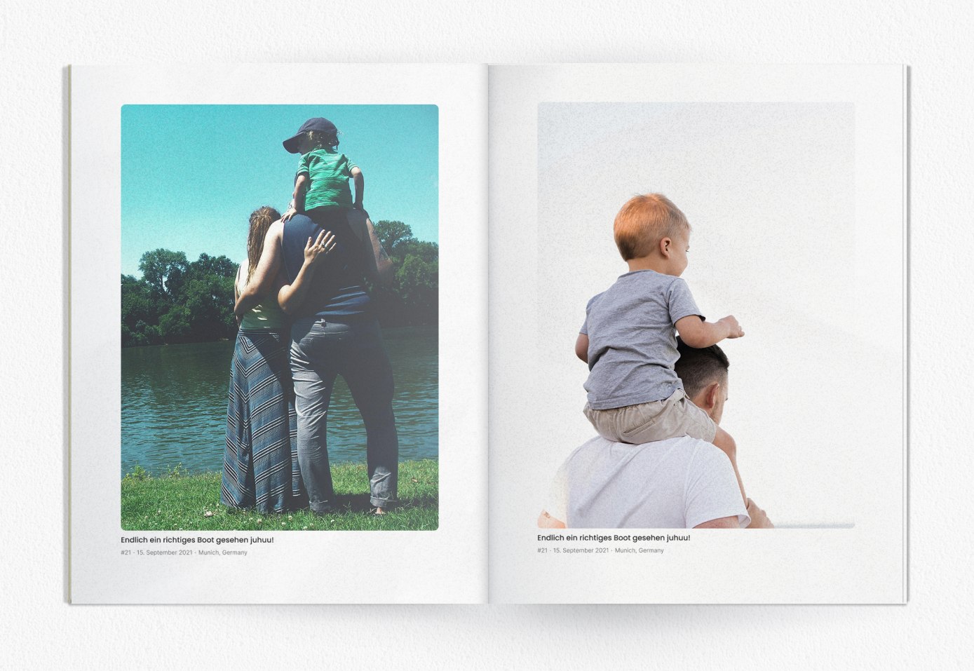An open printed photo book showing family snapshots with captions and dates on each page