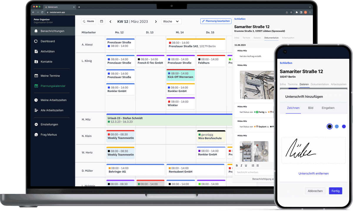 The Meisterwerk product on laptop and phone: a team planning board and on-site signature capture