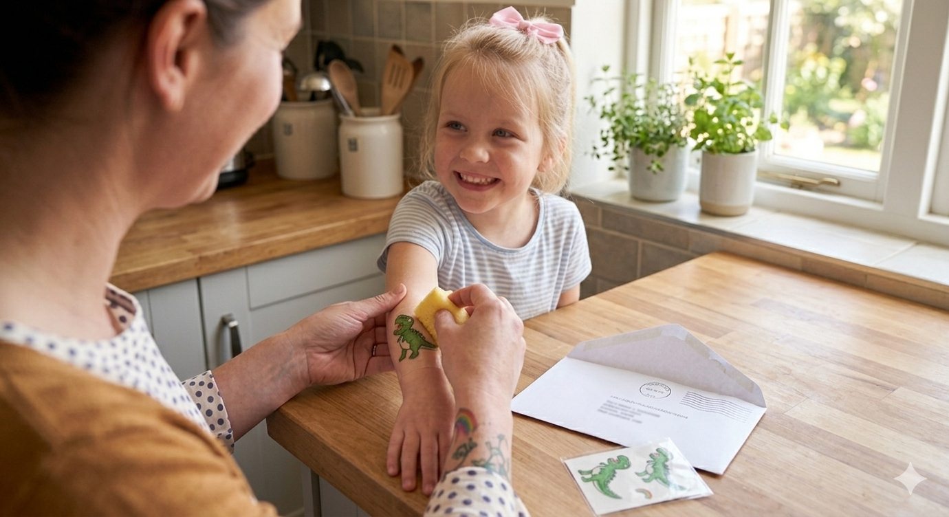 A parent and a delighted child at the kitchen counter applying the finished dinosaur as a temporary tattoo, the paper drawing sitting beside them.