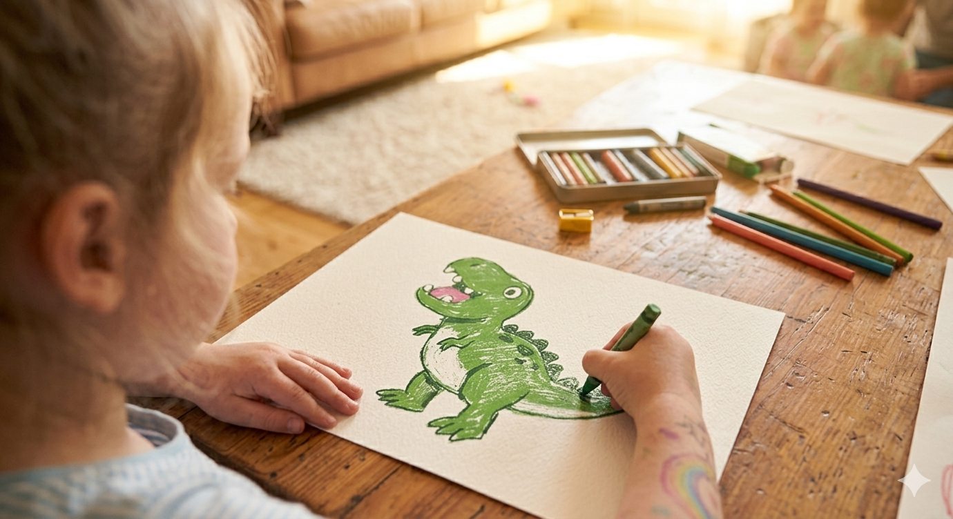A young child sits at a table colouring in a friendly green dinosaur with coloured pencils.