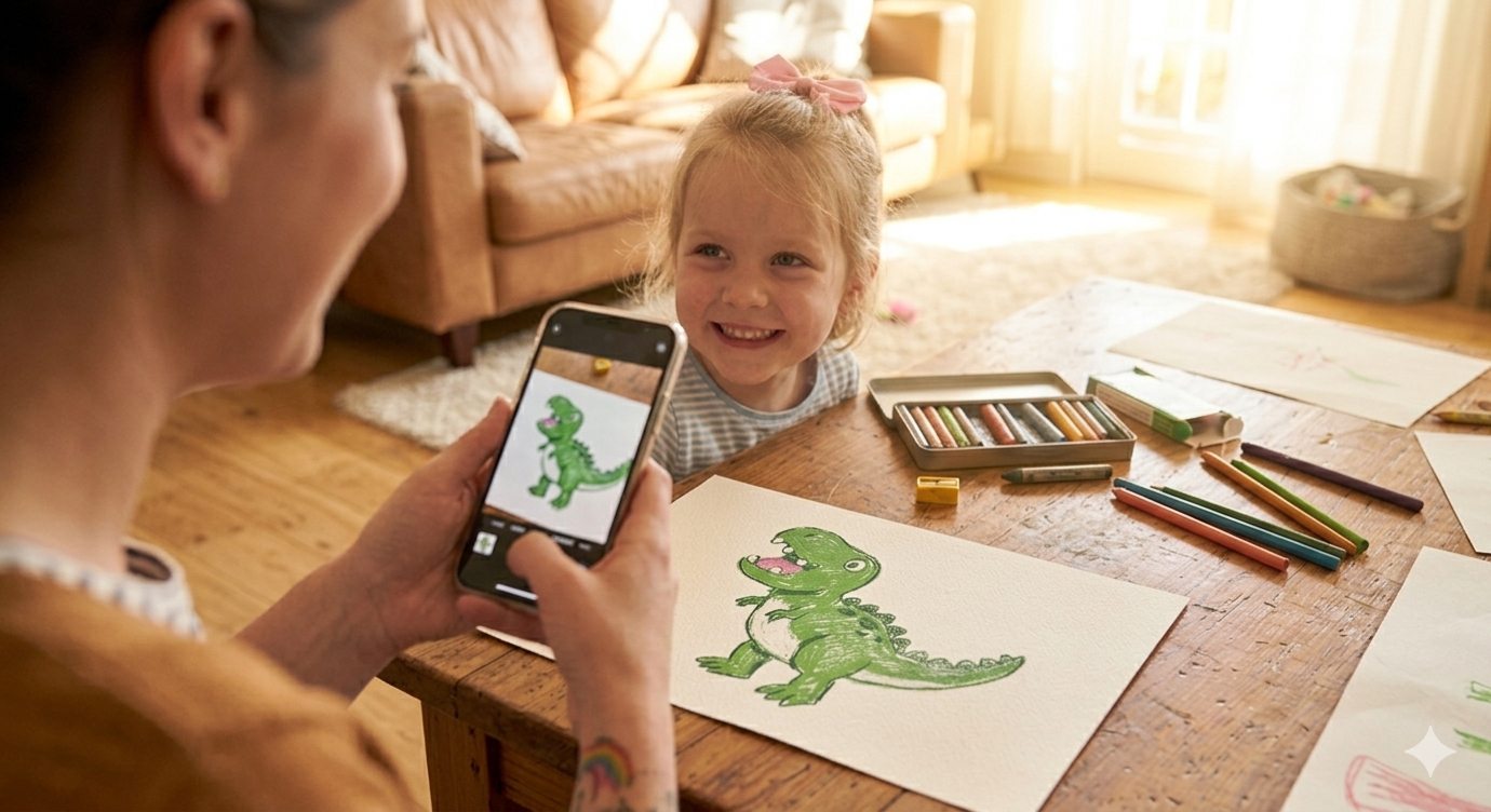 A parent photographs a child's green dinosaur drawing with a phone running the RAWR app, while the smiling child looks on.
