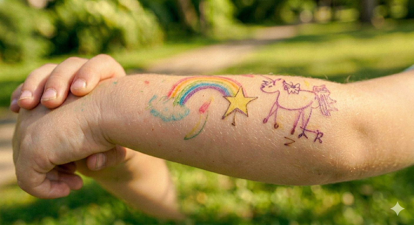 Close-up of a child's forearm wearing temporary tattoos made from their own crayon drawings - a rainbow, a star and a unicorn.