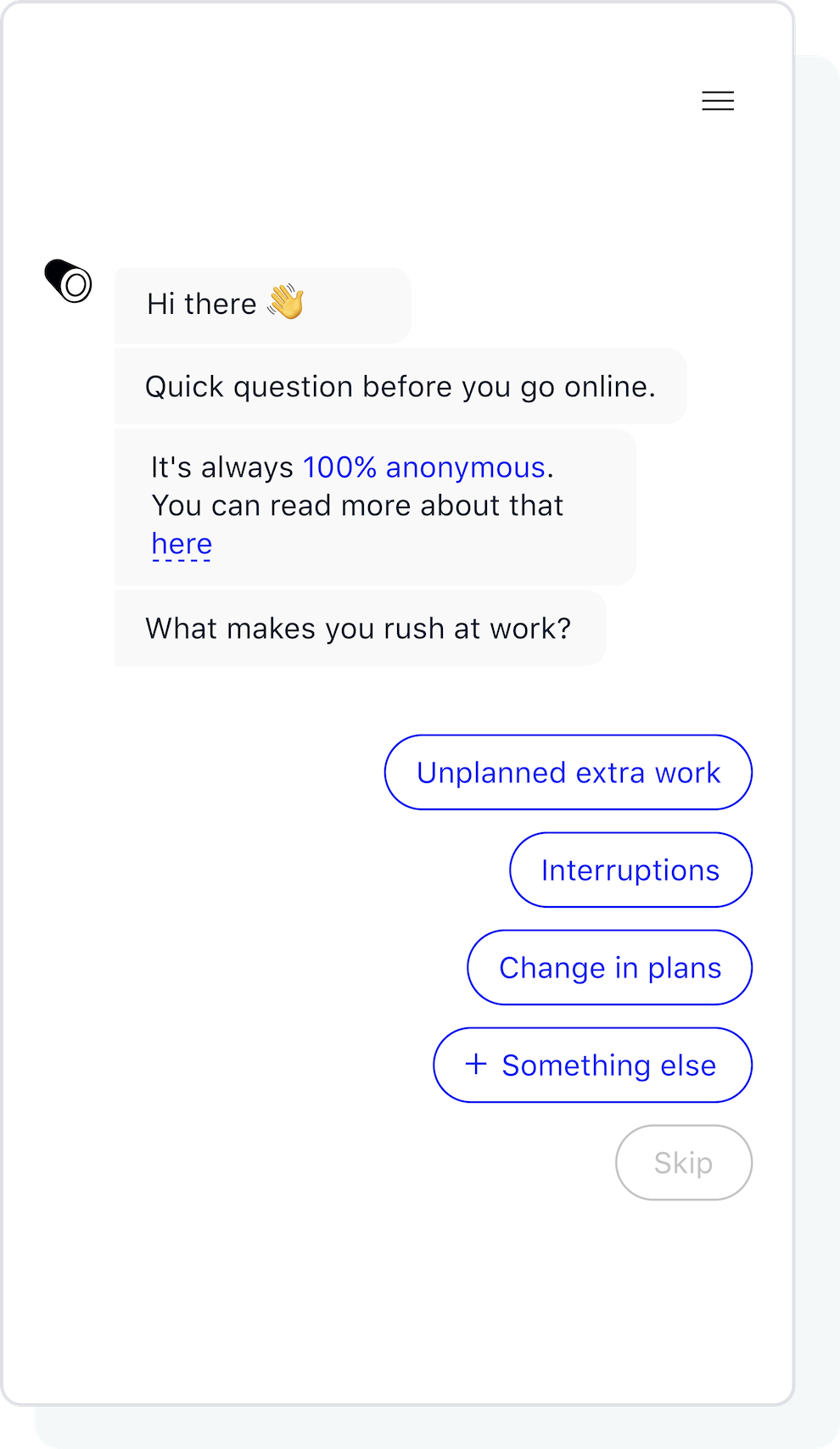 The Scoutbase crew popup on a phone: a short anonymous question with one-tap answers