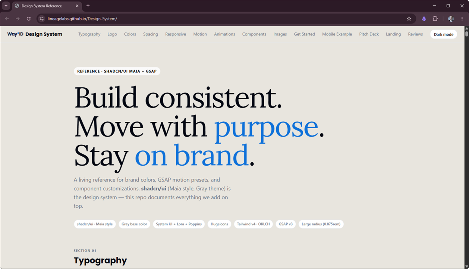 The Way ID design-system reference site: the headline 'Build consistent. Move with purpose. Stay on brand.' with sections for typography, colour, spacing, motion and components